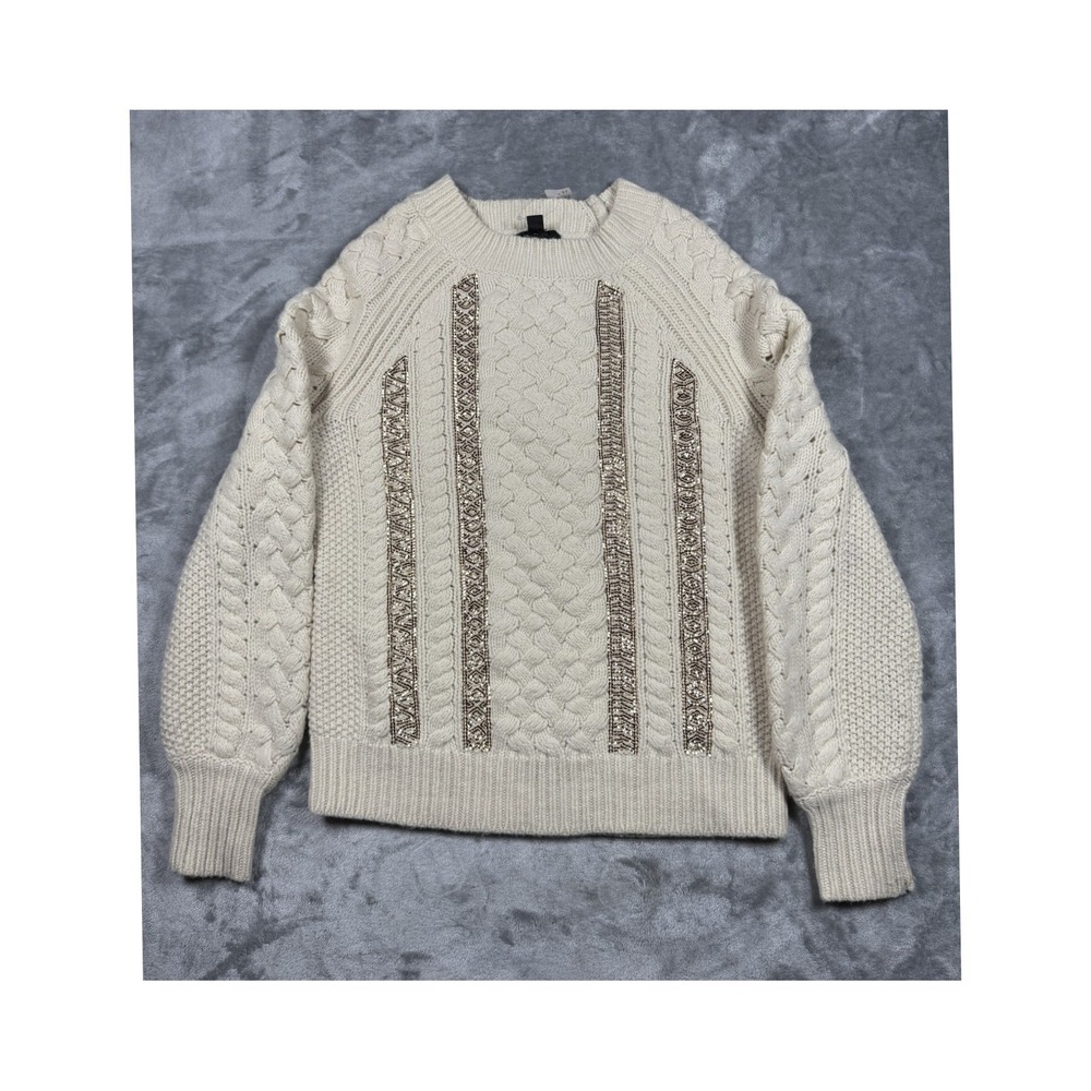 J Crew Sweater Womens XXS Ivory Cable Knit‎ Metallic Sequin Pullover Wool Blend